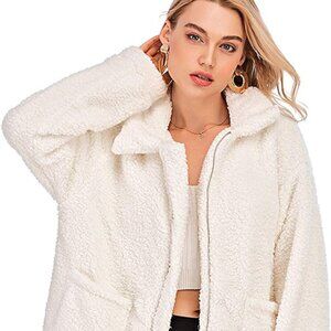 Womens Faux Shearling Jacket, Casual Lapel Fleece Fuzzy Jacket Shaggy Oversized